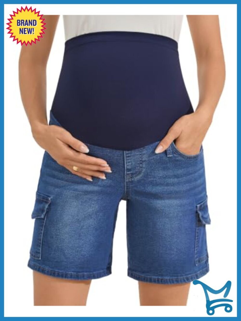 Maternity Denim Cargo Shorts with 6 Pockets Over-the-Belly Stretchy Cotton Blend